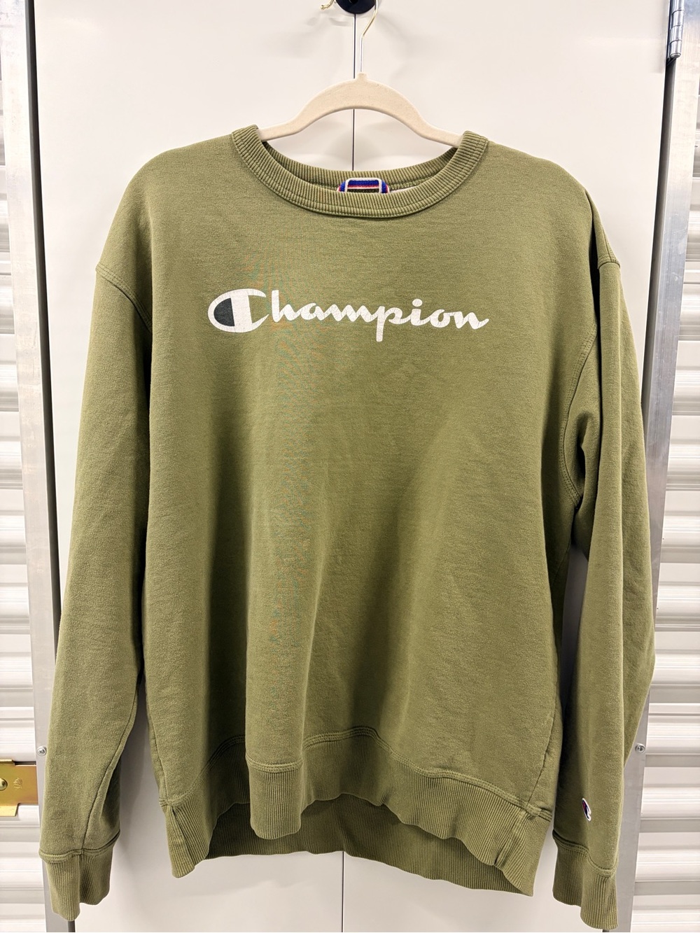 Champion Olive Green Script Logo Crewneck Sweatshirt